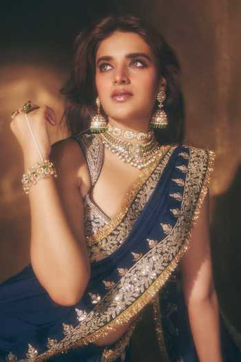 Shop_Gopi Vaid_Blue Chiffon, Tussar V-neck Layla Saree With Embroidered Blouse 