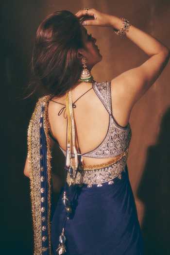 Shop_Gopi Vaid_Blue Chiffon, Tussar V-neck Layla Saree With Embroidered Blouse _at_Aza_Fashions