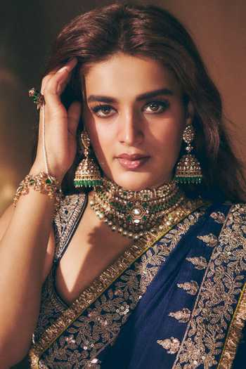 Gopi Vaid_Blue Chiffon, Tussar V-neck Layla Saree With Embroidered Blouse _Online