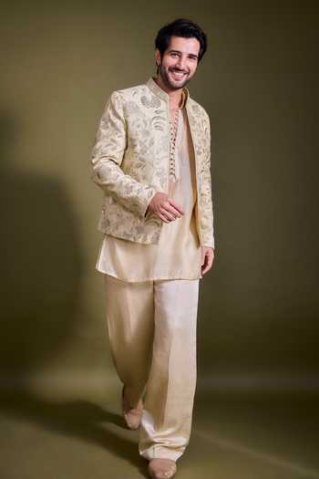 Shop_Gopi Vaid_Ivory Chanderi, Satin, Linen, Tussar Embroidery, Zari Dhir Bandhgala Jacket Set _at_Aza_Fashions