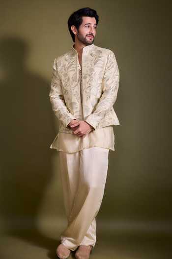 Buy_Gopi Vaid_Ivory Chanderi, Satin, Linen, Tussar Embroidery, Zari Dhir Bandhgala Jacket Set _at_Aza_Fashions
