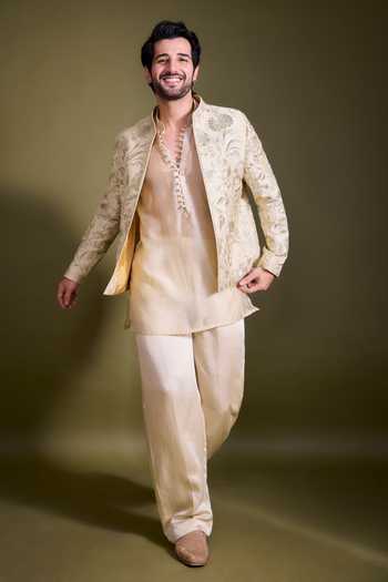Gopi Vaid_Ivory Chanderi, Satin, Linen, Tussar Embroidery, Zari Dhir Bandhgala Jacket Set _Online_at_Aza_Fashions
