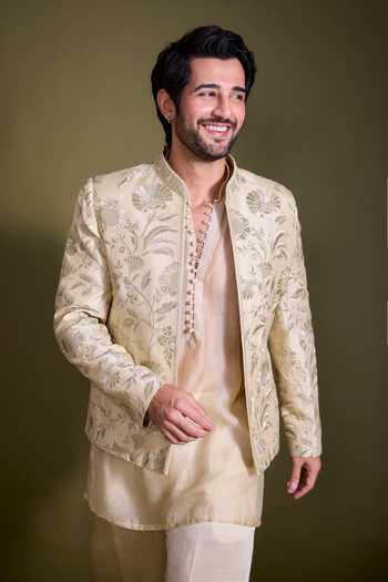 Buy_Gopi Vaid_Ivory Chanderi, Satin, Linen, Tussar Embroidery, Zari Dhir Bandhgala Jacket Set _Online_at_Aza_Fashions