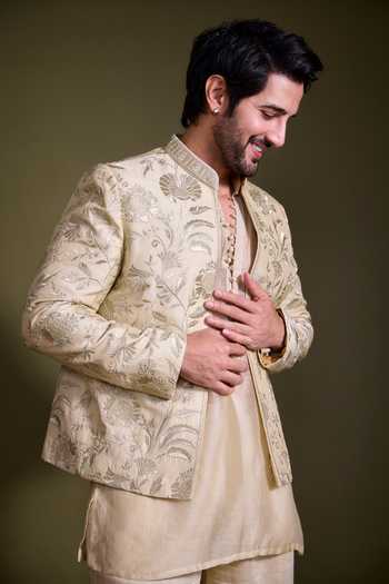 Buy_Gopi Vaid_Ivory Chanderi, Satin, Linen, Tussar Embroidery, Zari Dhir Bandhgala Jacket Set 