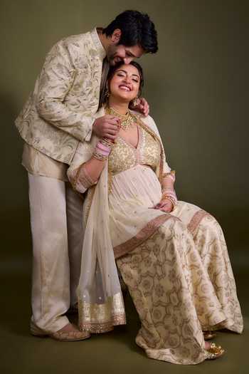 Shop_Gopi Vaid_Ivory Chanderi, Satin, Linen, Tussar Embroidery, Zari Dhir Bandhgala Jacket Set 