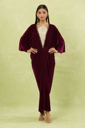 Shop_Naintara Bajaj_Maroon Velvet Sequins V-neck Embellished Halter Dress _Online_at_Aza_Fashions