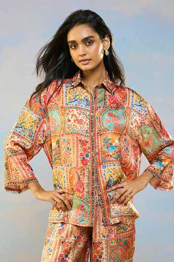 Dash And Dot_Multi Color Viscose Collared Neck Ornamental Print Shirt And Pant Set _Online_at_Aza_Fashions