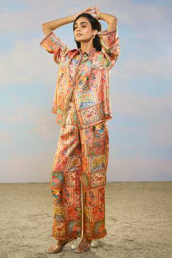 Dash And Dot_Multi Color Viscose Collared Neck Ornamental Print Shirt And Pant Set _at_Aza_Fashions