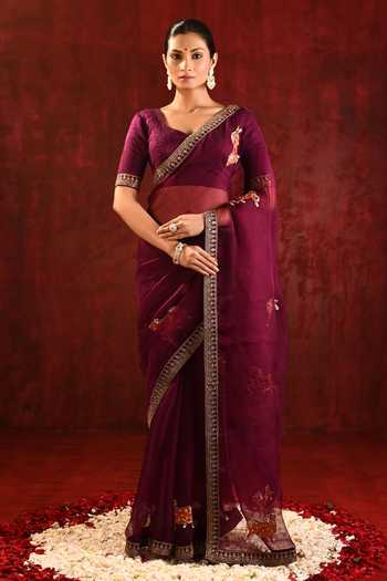 Buy_singhanias_Burgundy Organza Saree With Running Blouse Fabric _at_Aza_Fashions