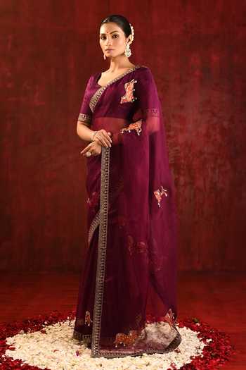 Buy_singhanias_Burgundy Organza Saree With Running Blouse Fabric _Online_at_Aza_Fashions