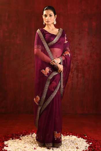 Shop_singhanias_Burgundy Organza Saree With Running Blouse Fabric _Online_at_Aza_Fashions