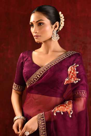 singhanias_Burgundy Organza Saree With Running Blouse Fabric _at_Aza_Fashions