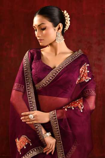 Buy_singhanias_Burgundy Organza Saree With Running Blouse Fabric 