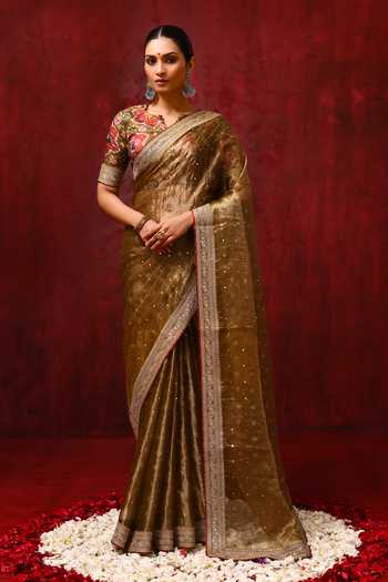 Buy_singhanias_Gold Tissue Saree With Running Blouse Fabric _at_Aza_Fashions