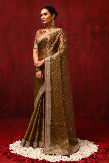Shop_singhanias_Gold Tissue Saree With Running Blouse Fabric _Online_at_Aza_Fashions