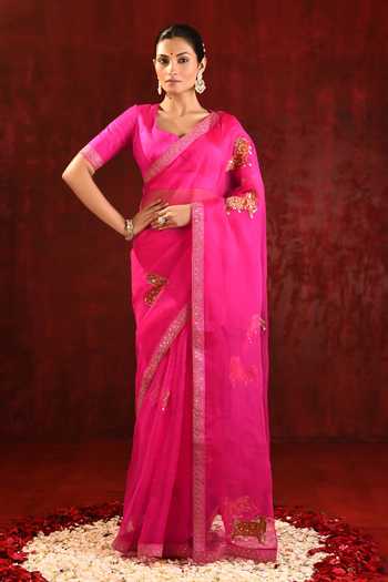 Buy_singhanias_Pink Organza Saree With Running Blouse Fabric _at_Aza_Fashions