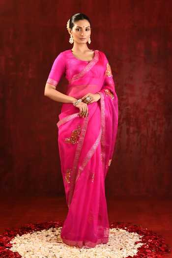 Shop_singhanias_Pink Organza Saree With Running Blouse Fabric _Online_at_Aza_Fashions