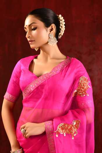 singhanias_Pink Organza Saree With Running Blouse Fabric _at_Aza_Fashions