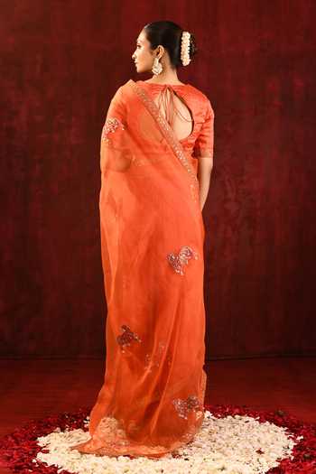 singhanias_Orange Organza Saree With Running Blouse Fabric _Online_at_Aza_Fashions