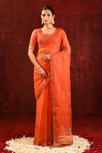 Buy_singhanias_Orange Organza Saree With Running Blouse Fabric _at_Aza_Fashions