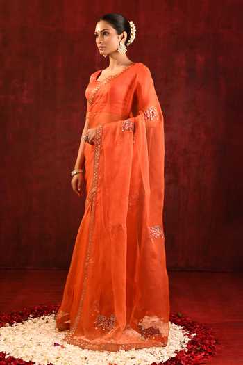 Buy_singhanias_Orange Organza Saree With Running Blouse Fabric _Online_at_Aza_Fashions