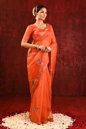 Shop_singhanias_Orange Organza Saree With Running Blouse Fabric _Online_at_Aza_Fashions