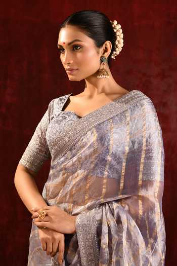 singhanias_Grey Tissue Saree With Running Blouse Fabric _at_Aza_Fashions
