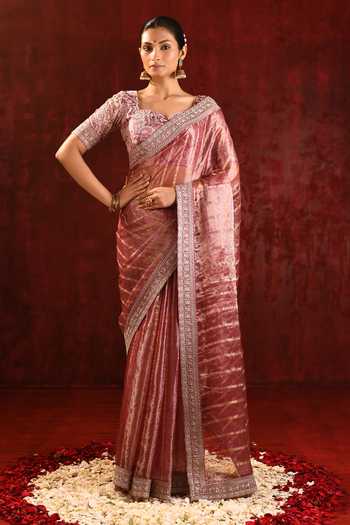Buy_Singhanias_Pink Tissue Saree With Running Blouse Fabric _at_Aza_Fashions
