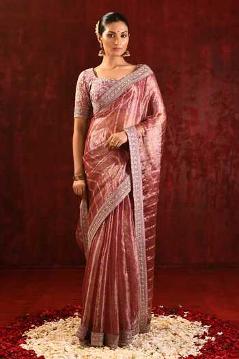 Buy_Singhanias_Pink Tissue Saree With Running Blouse Fabric _Online_at_Aza_Fashions
