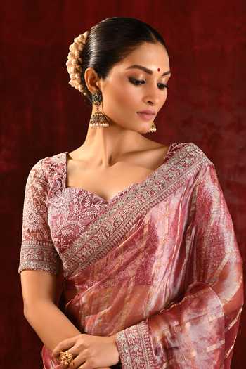 Singhanias_Pink Tissue Saree With Running Blouse Fabric _at_Aza_Fashions