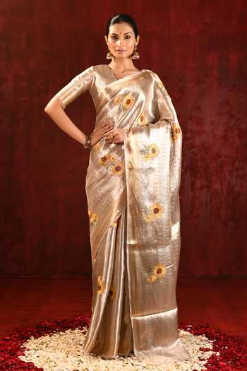 Buy_singhanias_Gold Tissue Saree With Running Blouse Fabric _at_Aza_Fashions