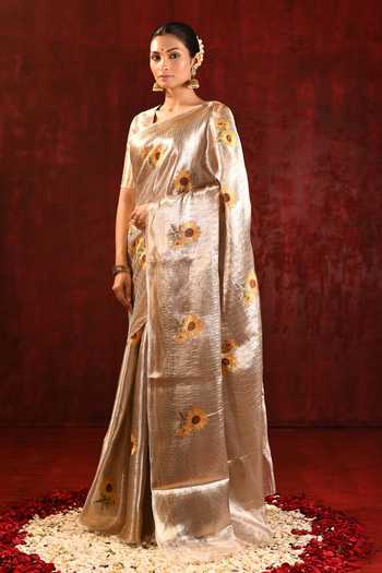 Shop_singhanias_Gold Tissue Saree With Running Blouse Fabric _Online_at_Aza_Fashions