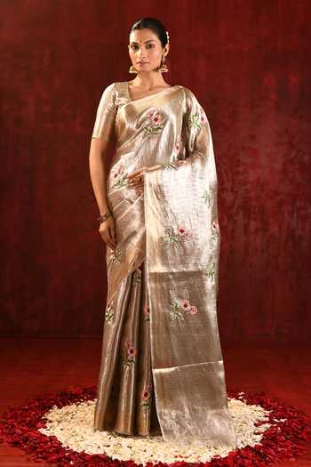 Shop_singhanias_Gold Tissue Saree With Running Blouse Fabric _at_Aza_Fashions