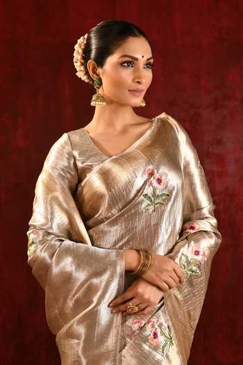 Shop_singhanias_Gold Tissue Saree With Running Blouse Fabric _Online_at_Aza_Fashions