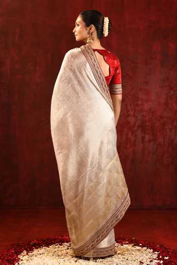 singhanias_Gold Tissue V-neck Saree With Running Blouse Fabric _Online_at_Aza_Fashions