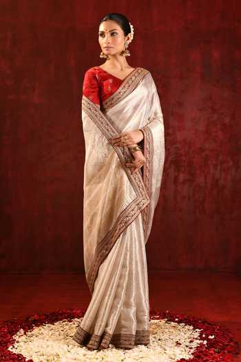 Buy_singhanias_Gold Tissue V-neck Saree With Running Blouse Fabric _Online_at_Aza_Fashions