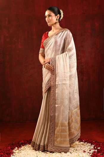 Shop_singhanias_Gold Tissue V-neck Saree With Running Blouse Fabric _Online_at_Aza_Fashions