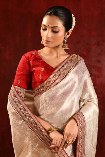 Buy_singhanias_Gold Tissue V-neck Saree With Running Blouse Fabric 