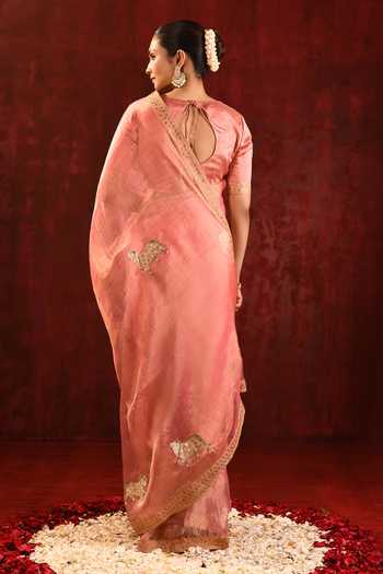 singhanias_Pink Tissue Saree With Running Blouse Fabric Set _Online_at_Aza_Fashions
