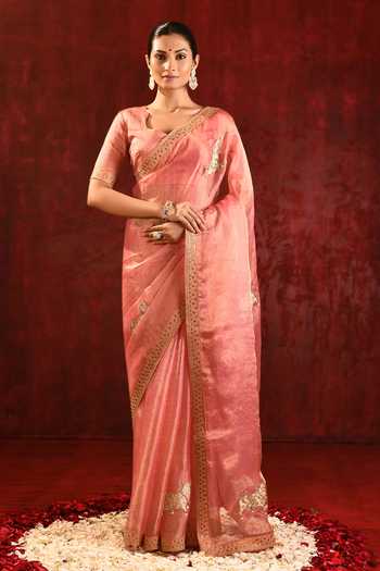 Buy_singhanias_Pink Tissue Saree With Running Blouse Fabric Set _Online_at_Aza_Fashions