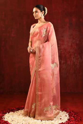 Shop_singhanias_Pink Tissue Saree With Running Blouse Fabric Set _Online_at_Aza_Fashions