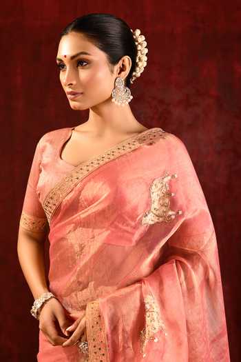 singhanias_Pink Tissue Saree With Running Blouse Fabric Set _at_Aza_Fashions