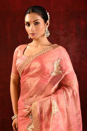 Buy_singhanias_Pink Tissue Saree With Running Blouse Fabric Set 