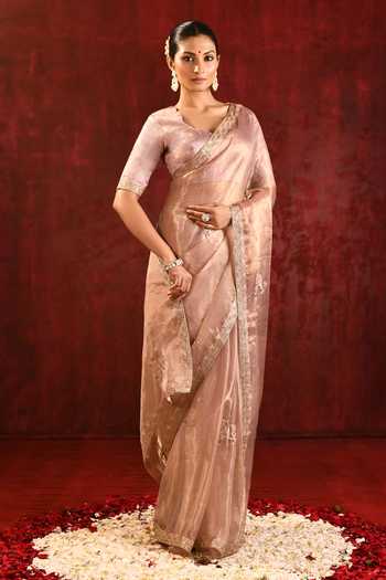 Shop_singhanias_Gold Tissue Saree With Running Blouse Fabric _Online_at_Aza_Fashions