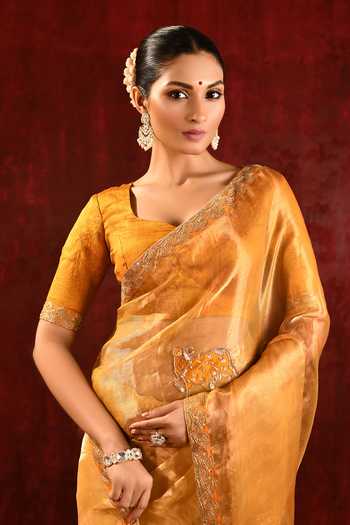 Shop_singhanias_Gold Tissue Saree With Running Blouse Fabric _Online_at_Aza_Fashions