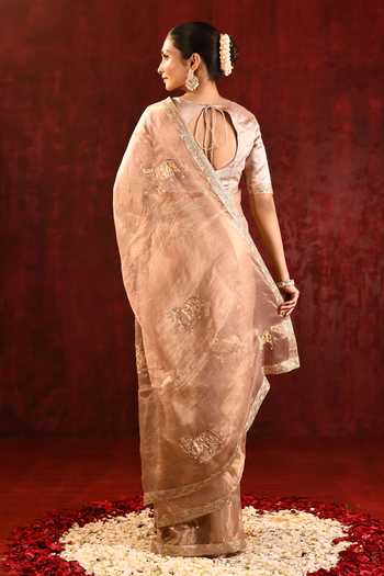 Singhanias_Beige Tissue Saree And Running Blouse Fabric Set _Online_at_Aza_Fashions