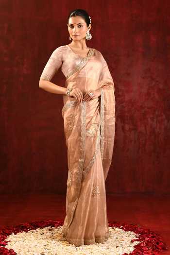 Shop_Singhanias_Beige Tissue Saree And Running Blouse Fabric Set _Online_at_Aza_Fashions