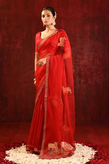 Buy_singhanias_Red Tissue Saree With Running Blouse Fabric _Online_at_Aza_Fashions