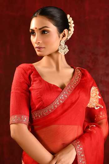 Shop_singhanias_Red Tissue Saree With Running Blouse Fabric _Online_at_Aza_Fashions