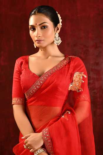 singhanias_Red Tissue Saree With Running Blouse Fabric _at_Aza_Fashions